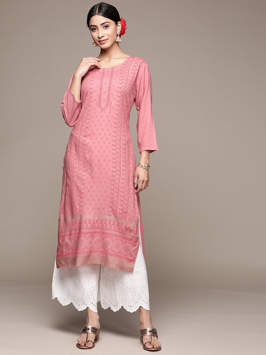 Women's Pink Ethnic Motifs Printed Straight Kurta - Anubhutee