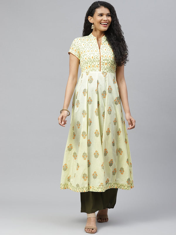 Women's Yellow Print Chinese Neck Cotton Anarkali Kurta - Poshak Hub