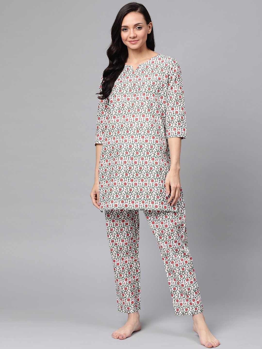 Women's White & Red Pure Cotton Floral Print Nightsuit - Anubhutee