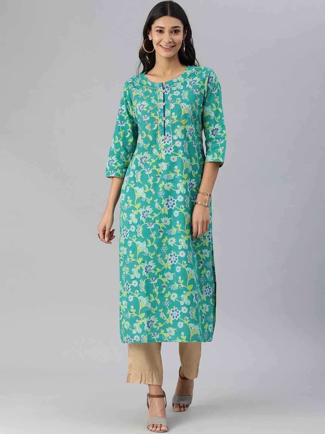 KSUT Turquoise Floral Printed Straight Kurta With Sequins Work Yoke - Indiakreations