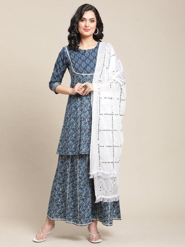 Blue And White Printed Flared Kurta With Gota Work, Kurta Paired With Flared Palazzo And Dupatta - Indiakreations