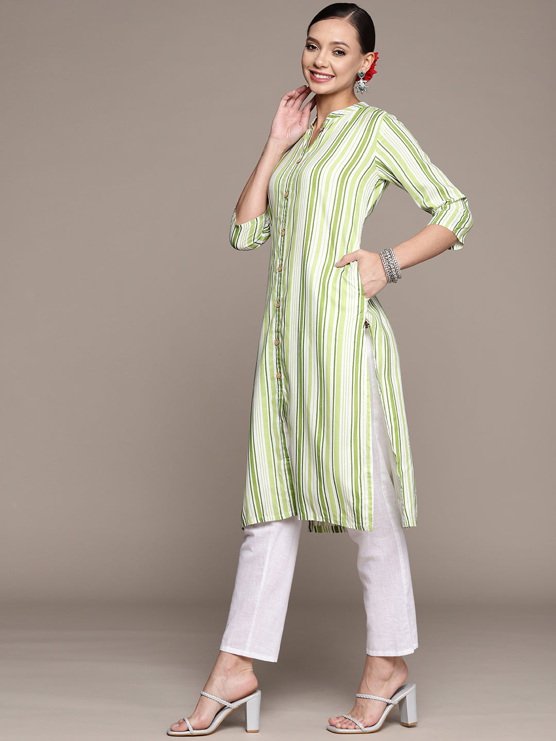 Women's Green Striped Printed Rayon Kurta  - Anubhutee