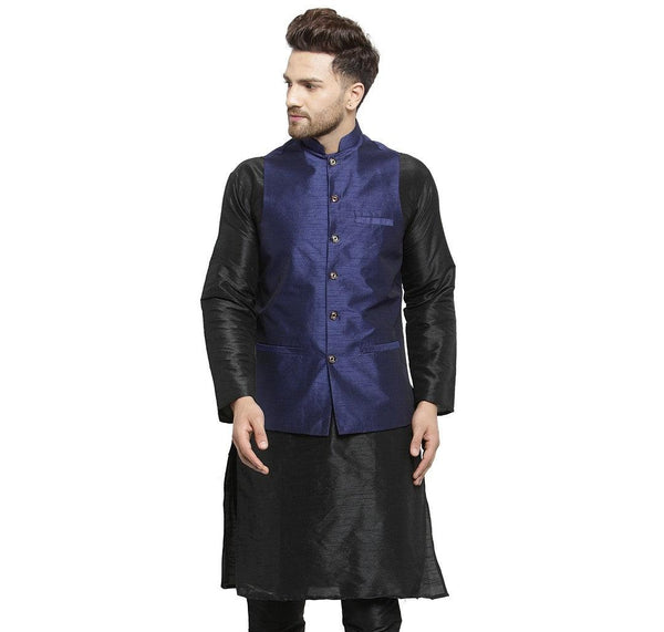 Men's Navy Blue Solid Nehru Jacket - Benstoke - Indiakreations