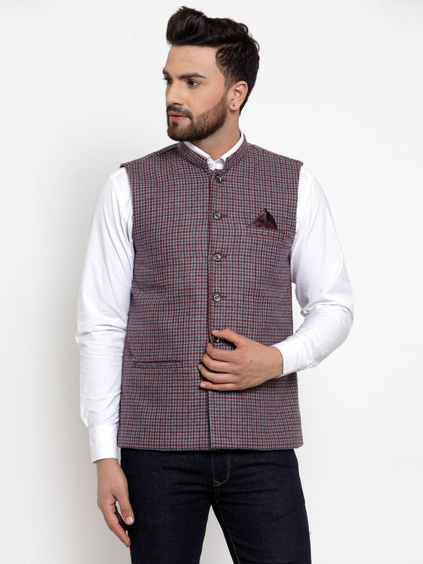 Men's Dhrohar Premium Wool Nehru Jacket - Red And Blue - Size - 38 - Neudis Men - Indiakreations