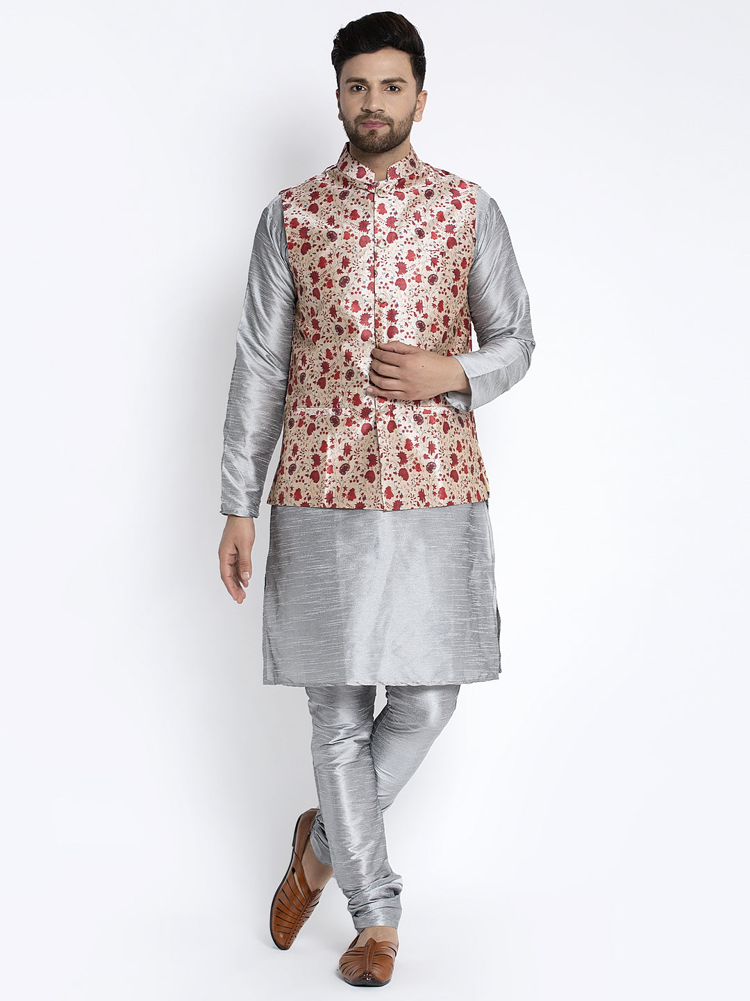 Men's Silk Blend Grey Kurta With Pyjama & Beige Printed Nehru Jacket - Benstoke