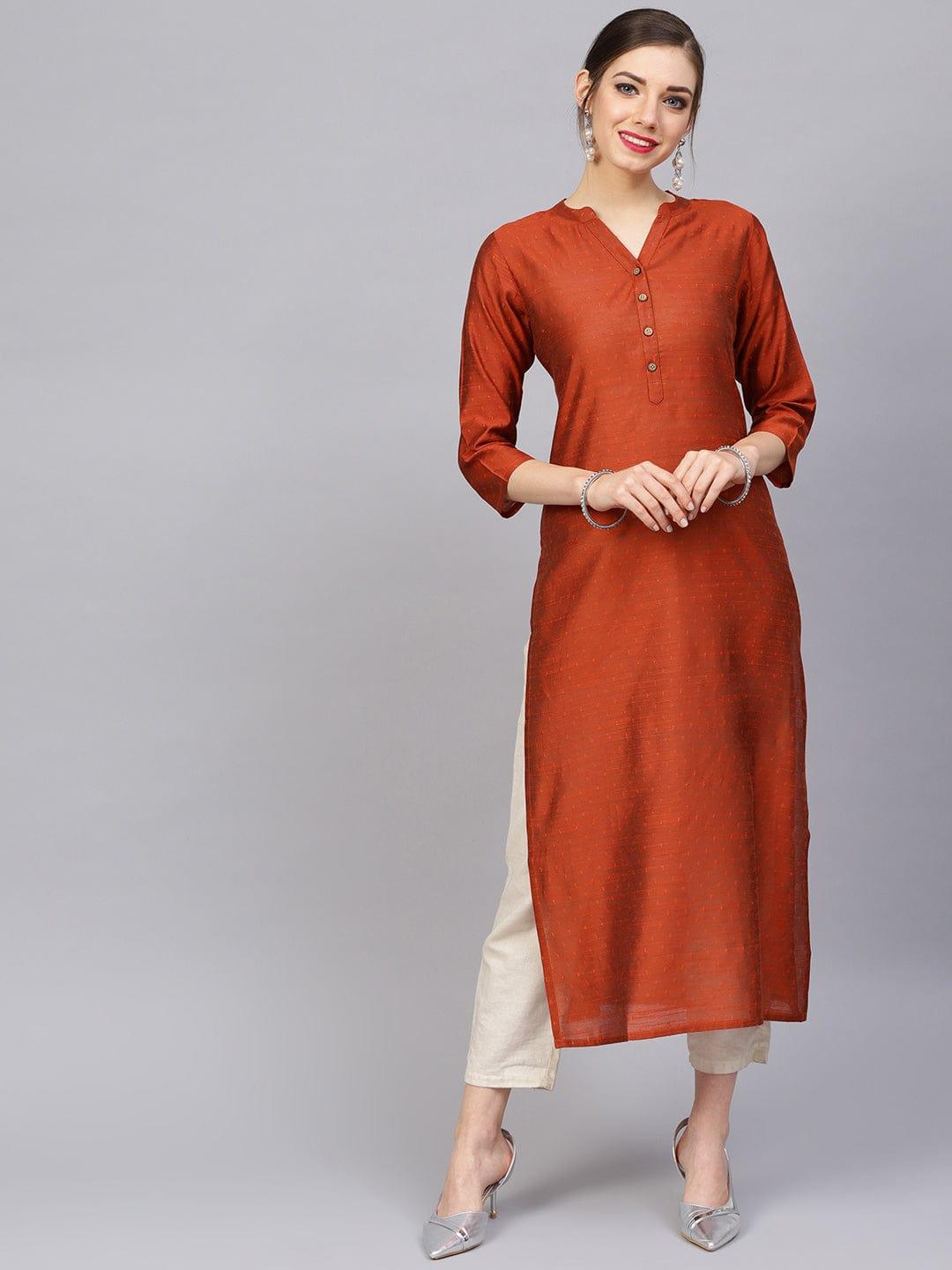 Women Rust Orange Dobby Woven Design Straight Kurta - Indiakreations