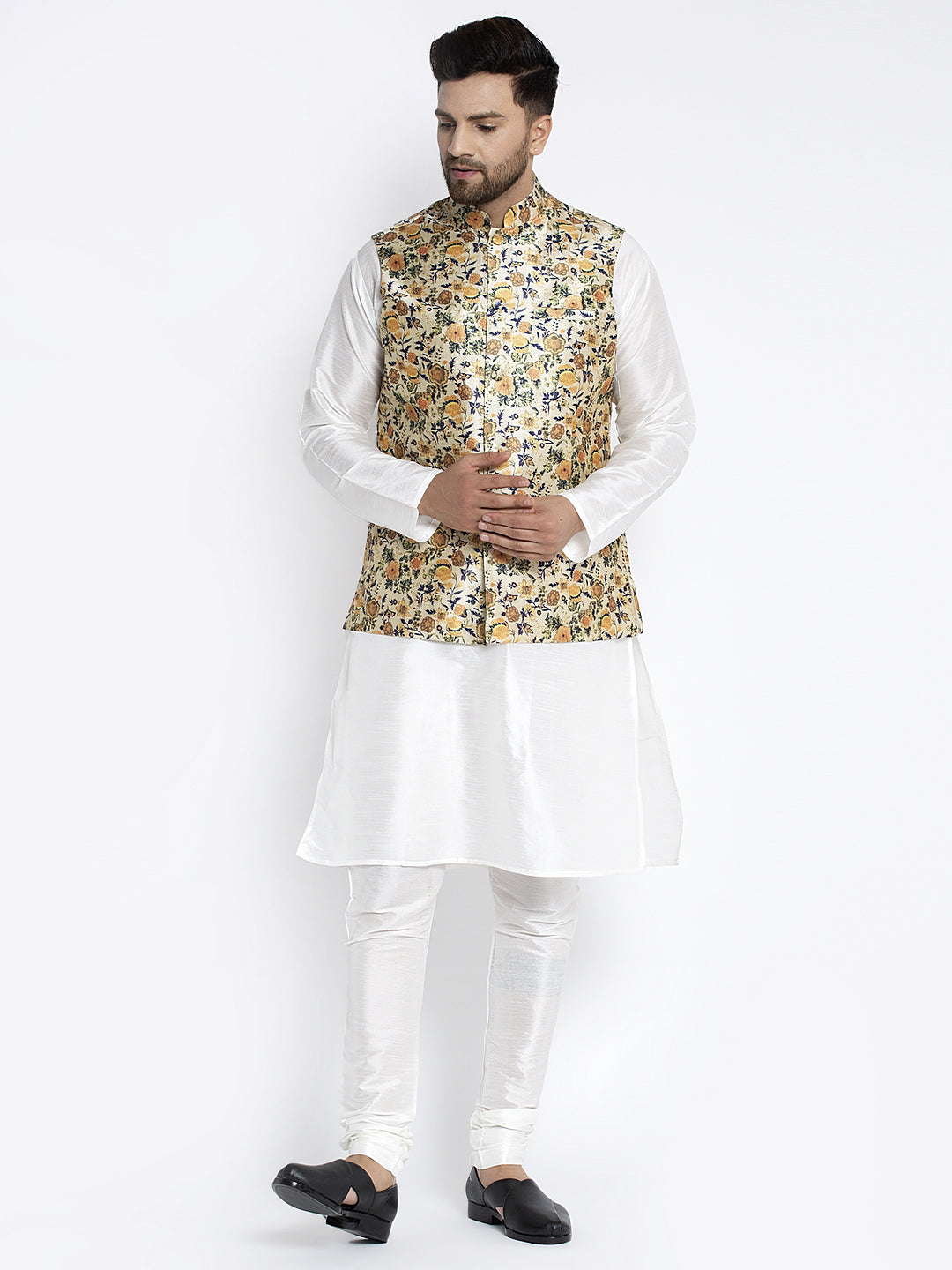 Men's Silk Blend White Kurta With Pyjama & Lime Green Printed Nehru Jacket - Benstoke