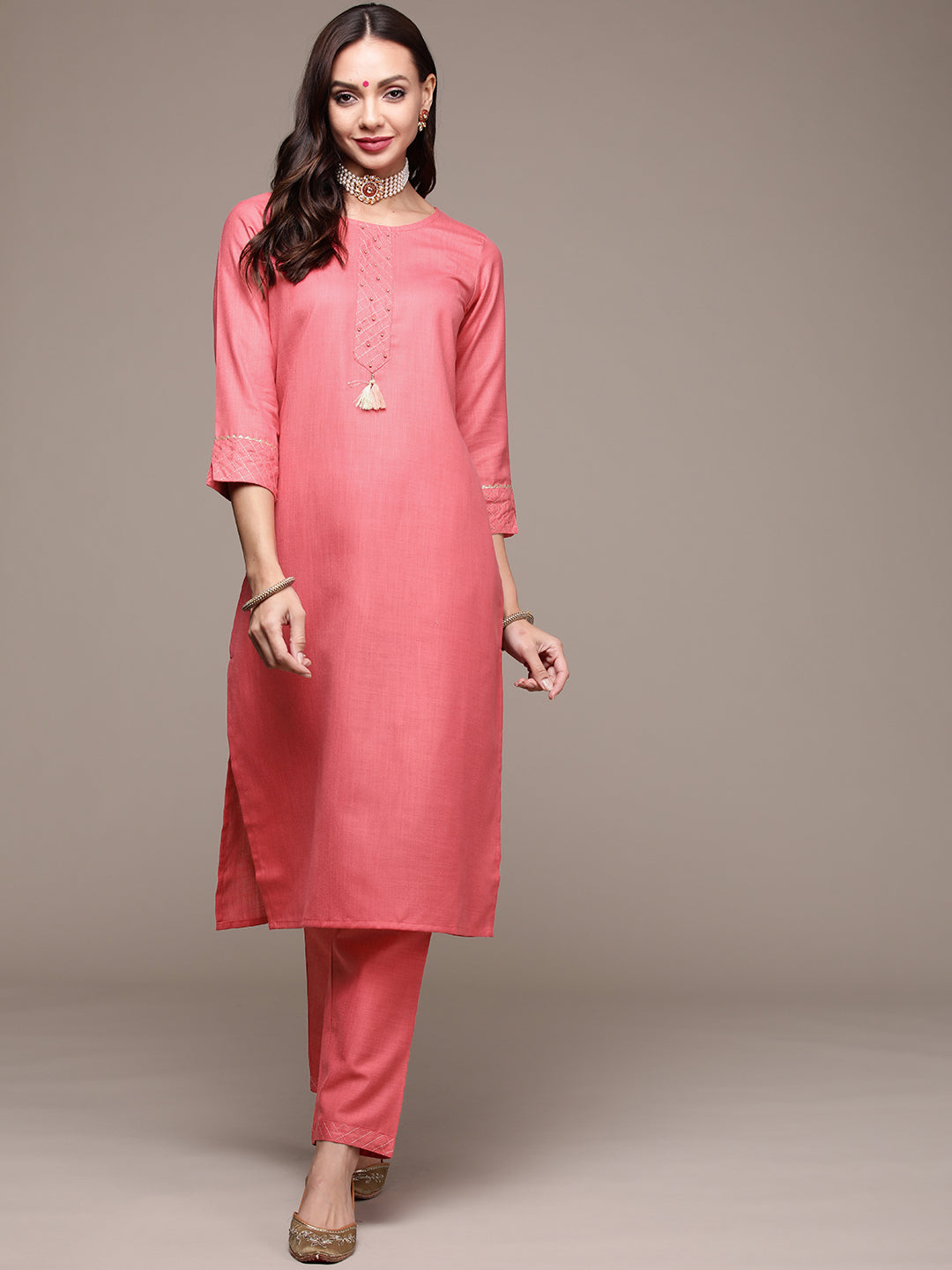 Women's Pink Beaded Kurta Set With Trousers - Anubhutee