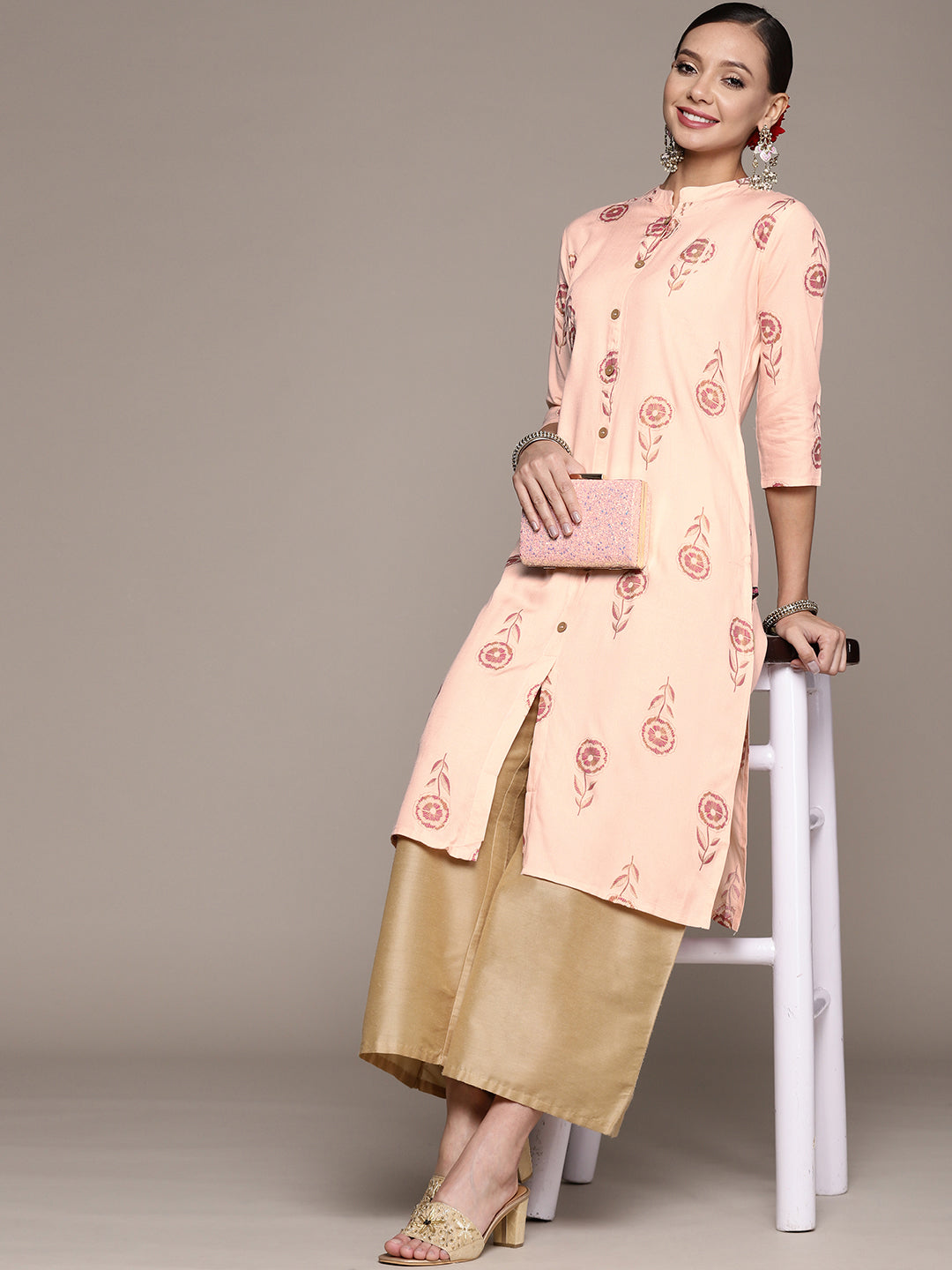 Women's Peach Floral Printed Rayon Kurta  - Anubhutee