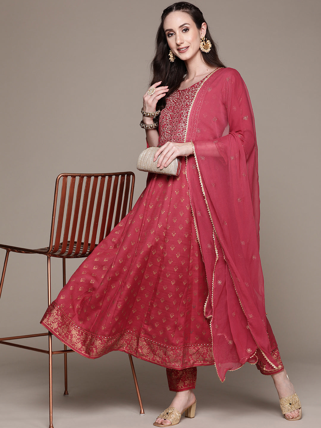 Women's Fuchsia Mirrorwork Embroidered Kurta Set With Trousers And Dupatta - Anubhutee