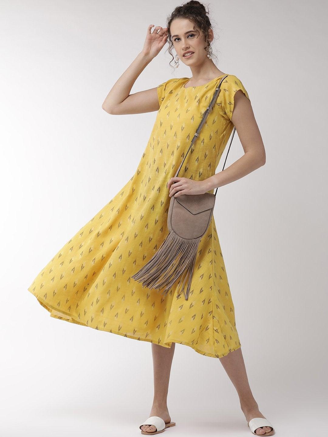 Women's Mustard Cape Sleeve Dress - InWeave - Indiakreations