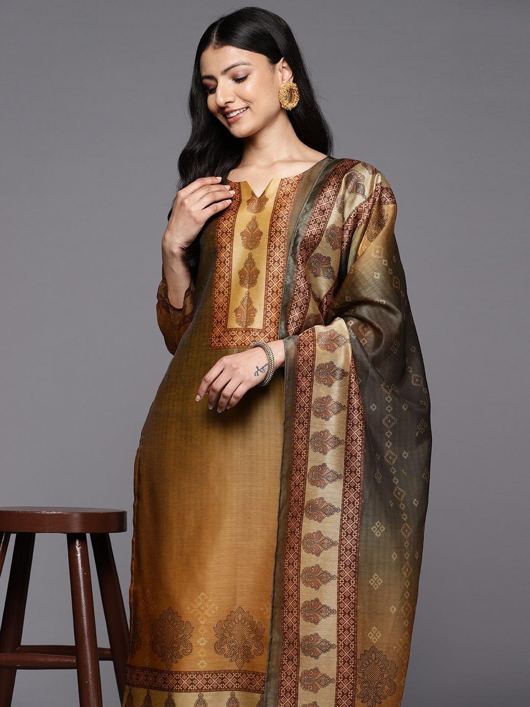 Varanga Ethnic Motifs Printed Chanderi Silk Kurta With Trousers & With Dupatta - Indiakreations