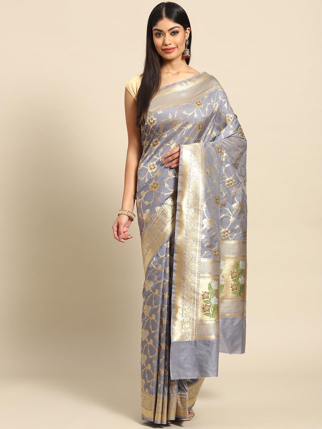 Women's Grey Floral Zari Art Silk Banarasi Saree - Varanasi - Indiakreations