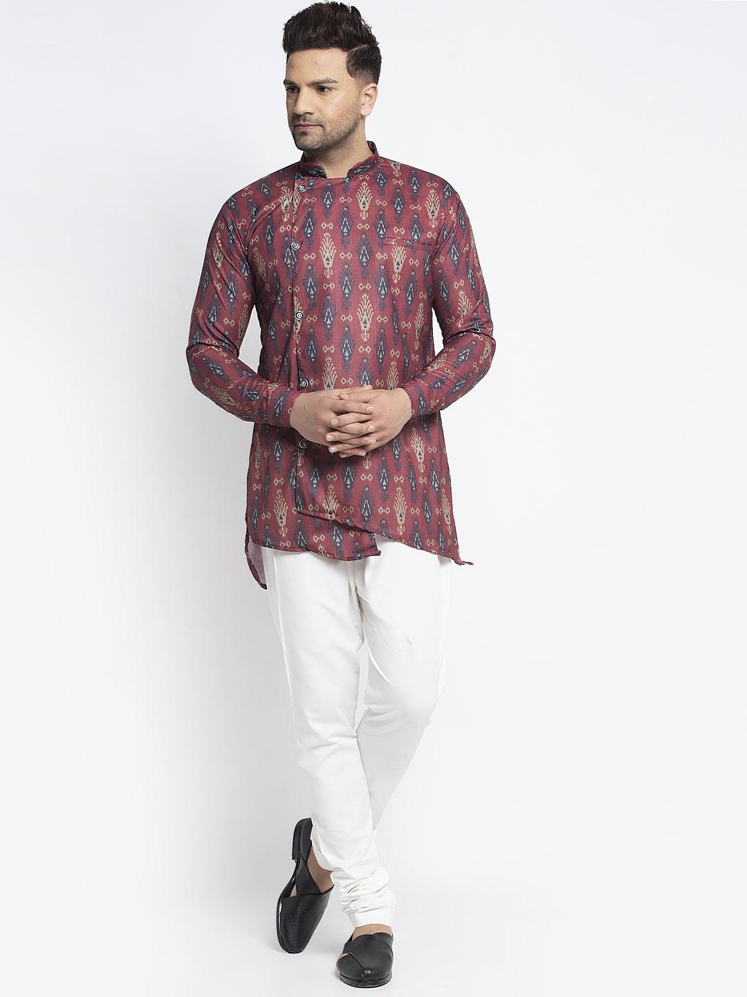 Men's Maroon & Navy Blue Printed Short Kurta With White Pyjama - Benstoke - Indiakreations