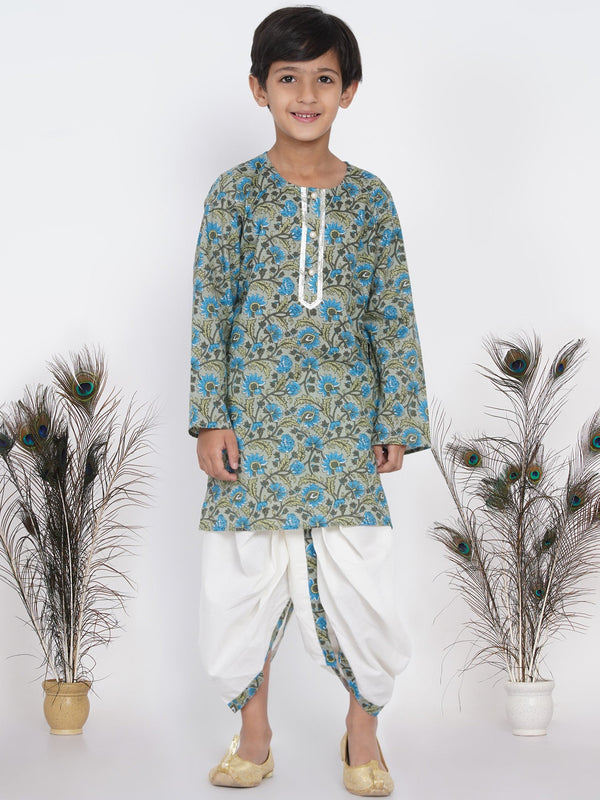 Boy's Floral Kurta With Pearl Buttons And Dhoti In Sea Green And Cream - Little Bansi Boys