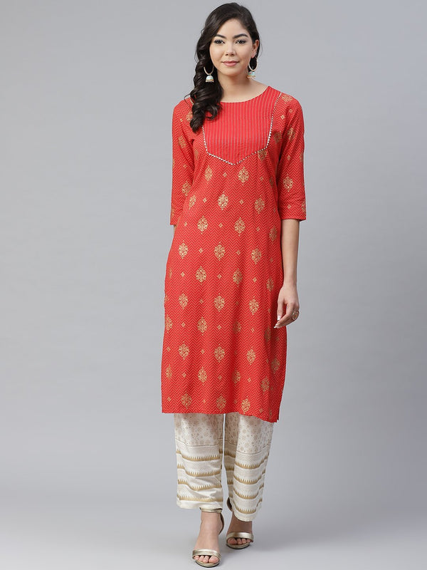 Women's Red foil Printed Kurta with Palazzo - Anubhutee