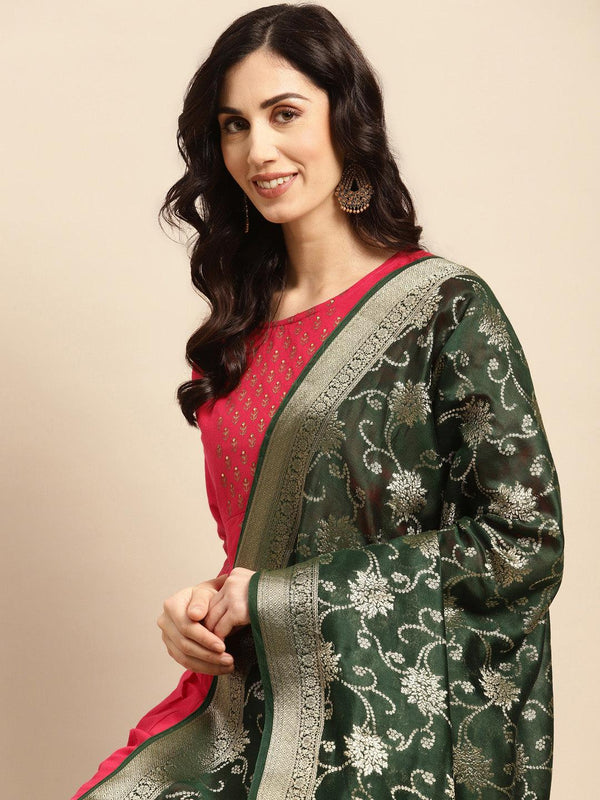 Women's Green Color Ethnic Motifs Woven Design Dupatta With Zari - Varanasi - Indiakreations