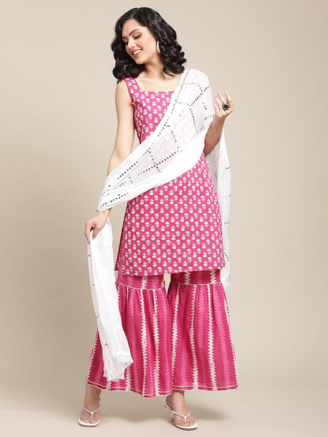 Pink Floral Printed Kurta Sharara Set With White Sequins Work Dupatta - Indiakreations