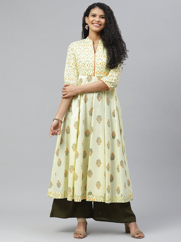 Women's Yellow Stylish Print Cotton Anarkali Kurta - Poshak Hub