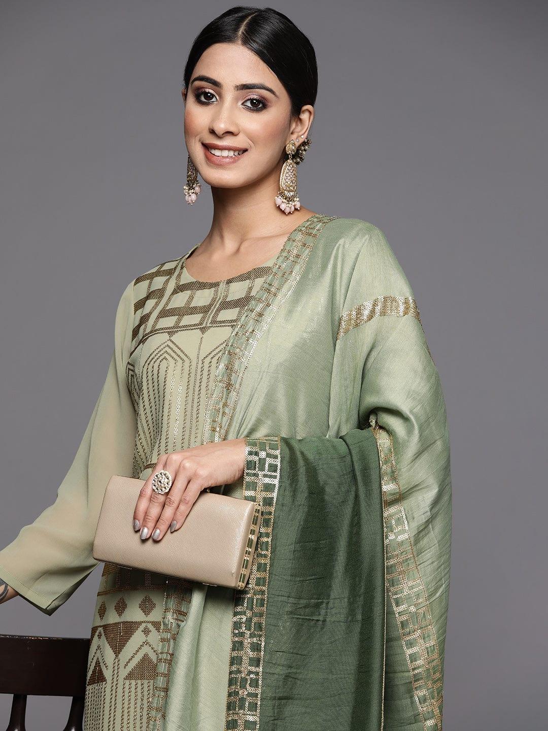 Varanga Women Green Embroidered Sequinned Kurta with Trousers & With Dupatta - Indiakreations