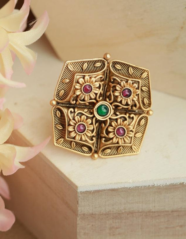 Women's Gold-Plated Marron & Green Stone-Studded Finger Ring - Jazz And Sizzle - Indiakreations