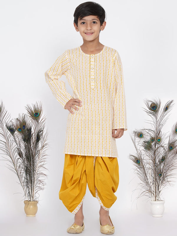 Boy's Leaf Print Kurta With Pearl Buttons And Dhoti In Cream And Yellow - Little Bansi Boys