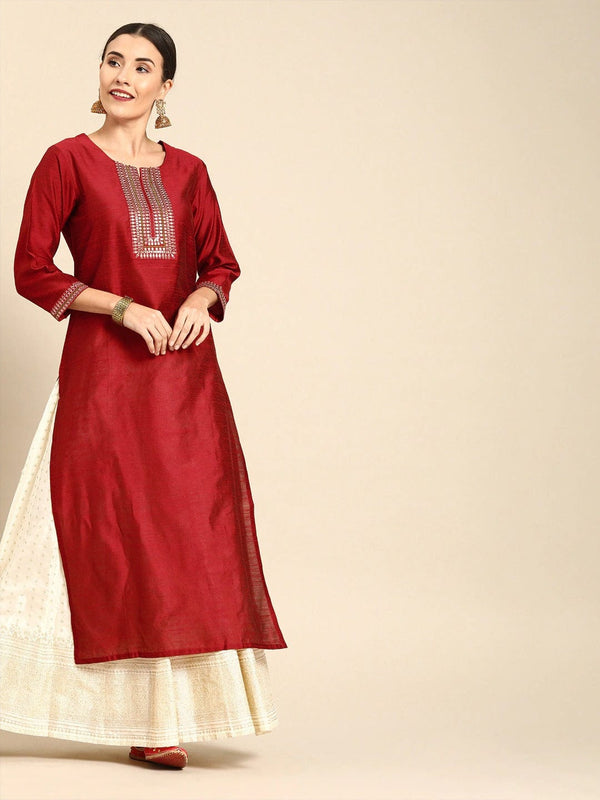 Women's Maroon Embellished Straight Kurta - Varanga