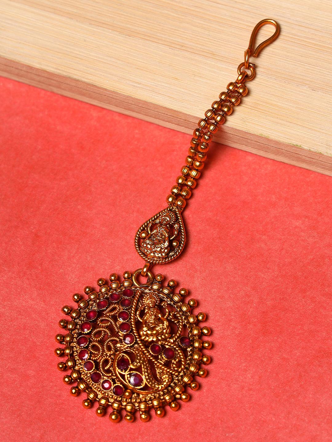 Women's Gold-Plated Maroon Studded & Beaded Handcrafted Maangtikka - Jazz and Sizzle - Indiakreations