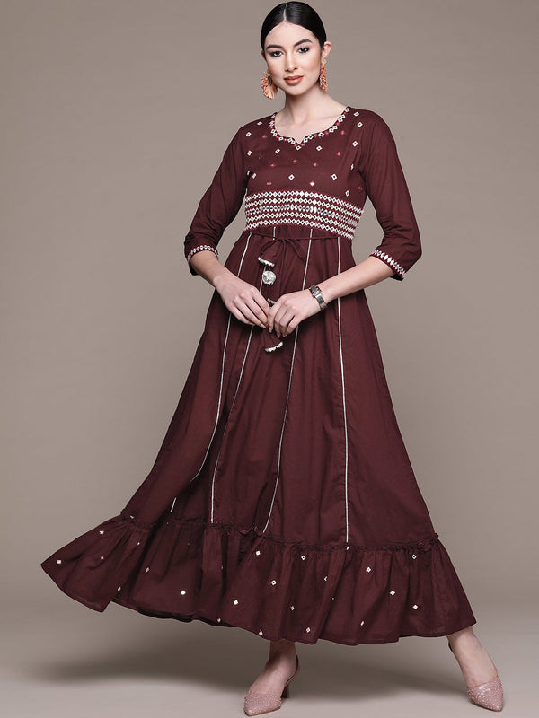 Women's Maroon Yoke Embroidered Ethnic Dress - Anubhutee