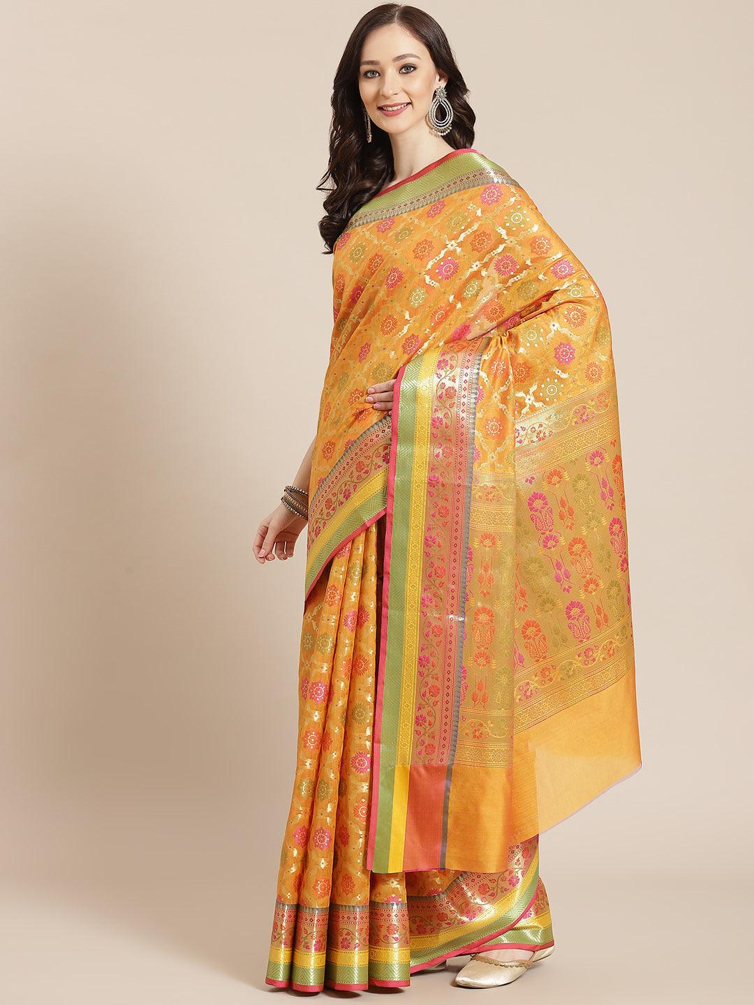 Women's Mustard Silk Jaamdani Cutwork Saree - Varanasi - Indiakreations