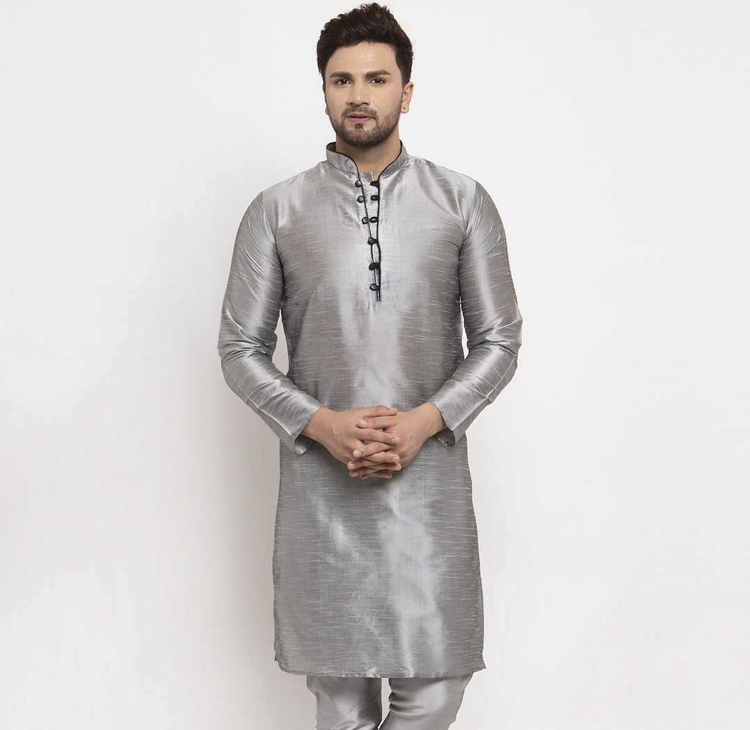 Men's Silk Blend Grey Straight Long Kurta - Benstoke