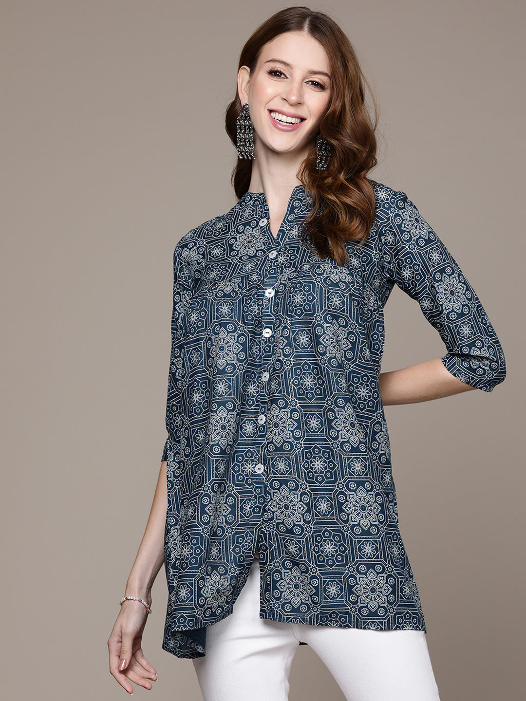 Women's Navy Blue Geometric Printed Tunic - Anubhutee