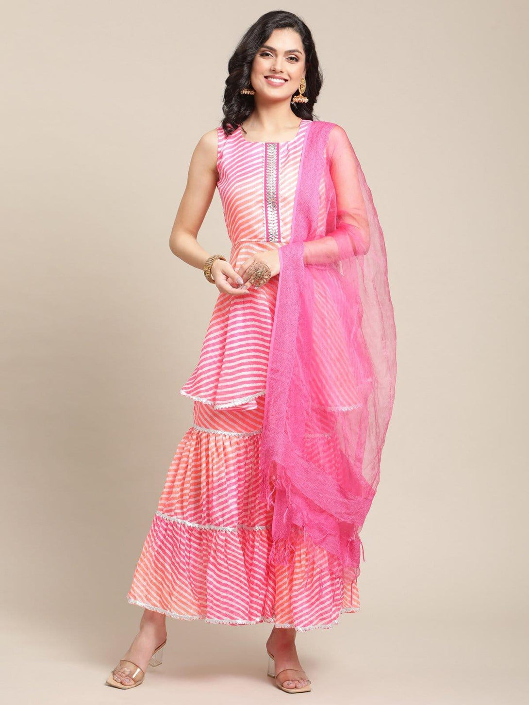 Pink And Orange Gota Patti Embroidery Flared Kurta With Gota Embellished Sharara And Silk Dupatta - Indiakreations