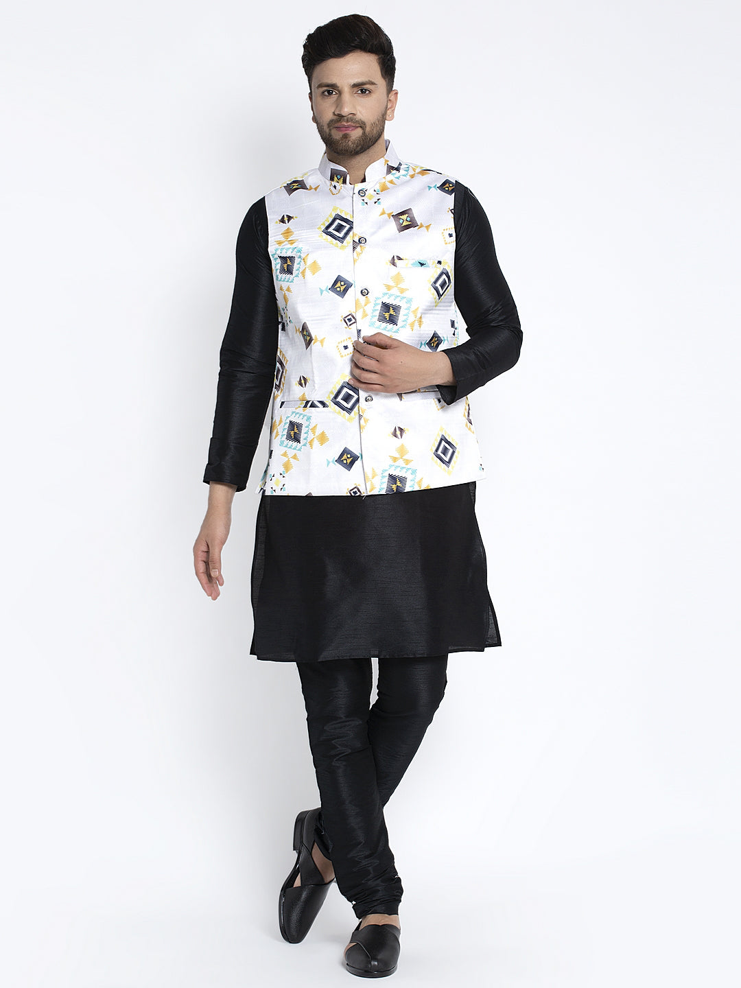 Men's Silk Blend Black Kurta With Pyjama & White Printed Nehru Jacket - Benstoke