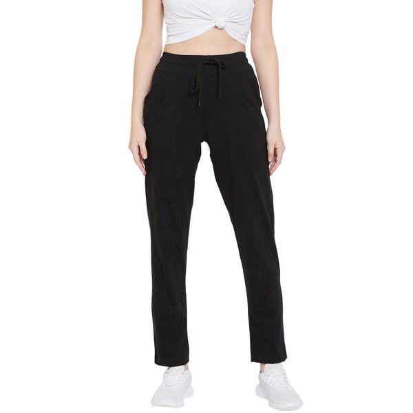 Women's Black Cotton Track Pants-StyleStone