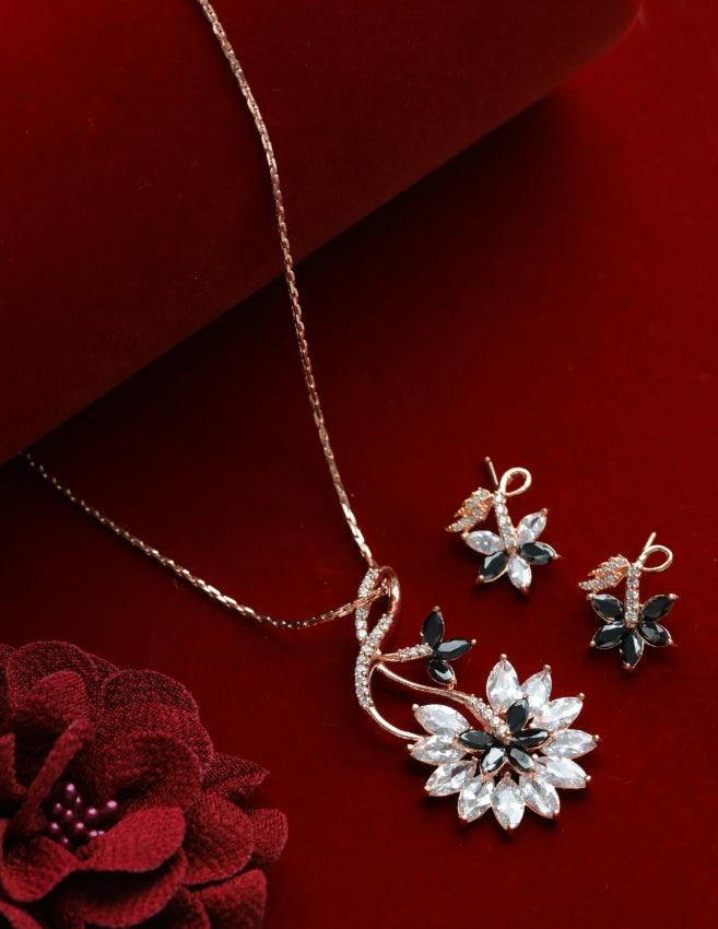 Women's Black American Diamond Rose Gold Pendant & Earring Set - Jazz And Sizzle - Indiakreations