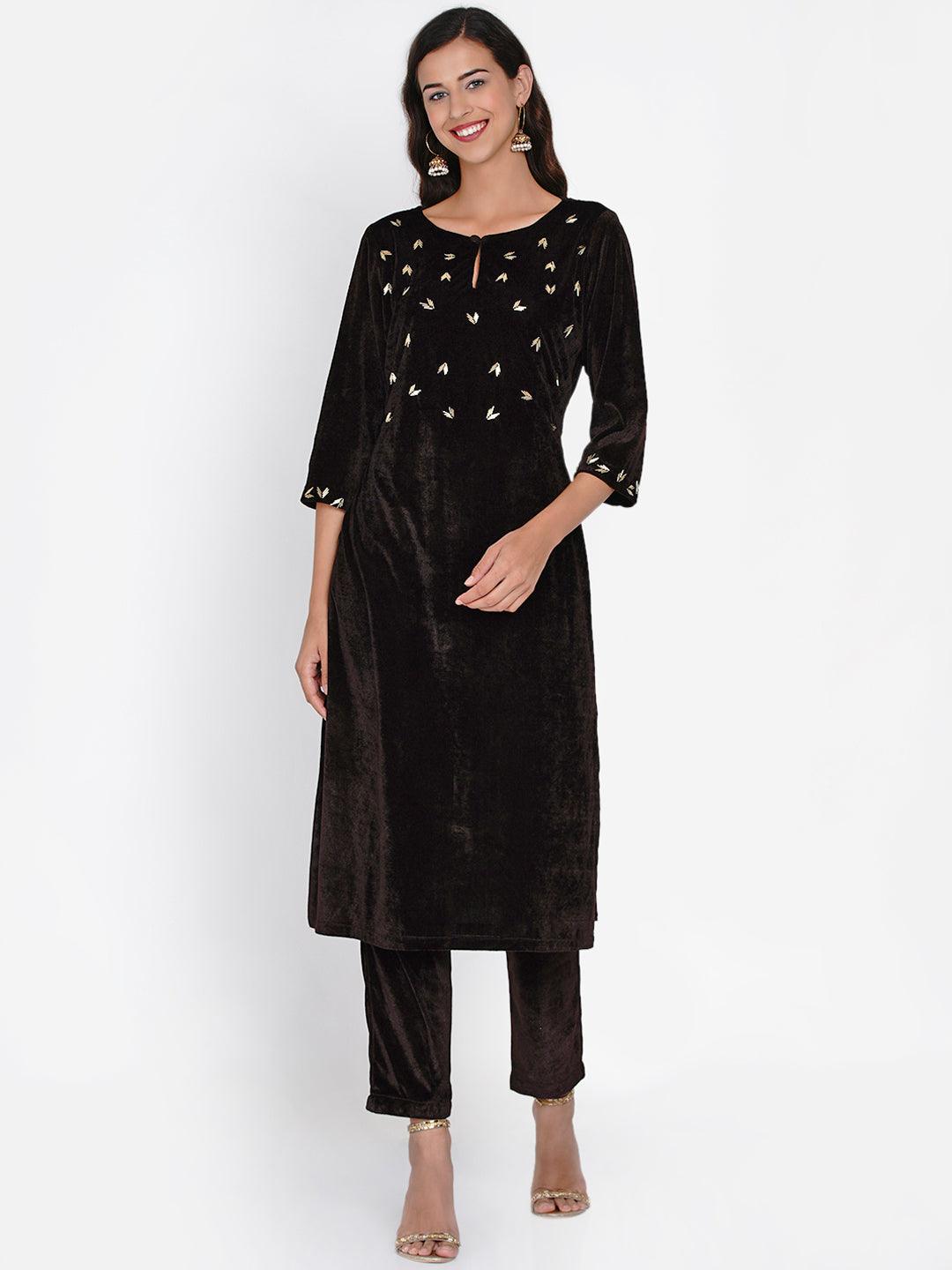 Women's Brown Hand Embellished Velvet Kurta Set - Women Republic - Indiakreations