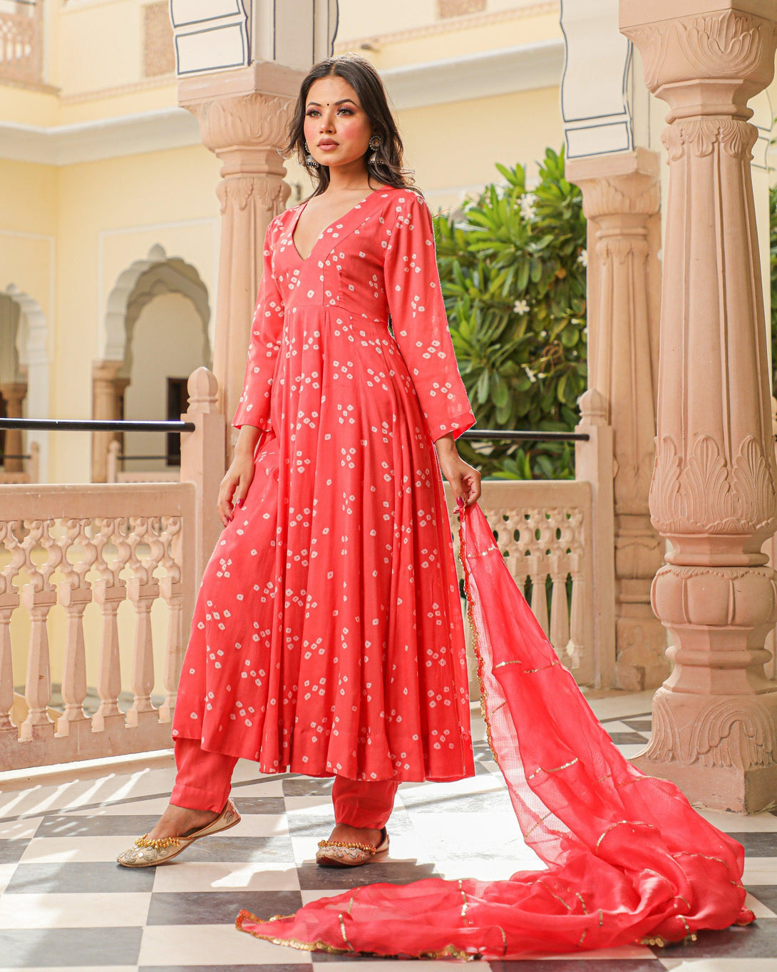 Women's Coral Bandhej Modal Anarkali Kurta Pant Dupatta Set - Baisacrafts - Indiakreations