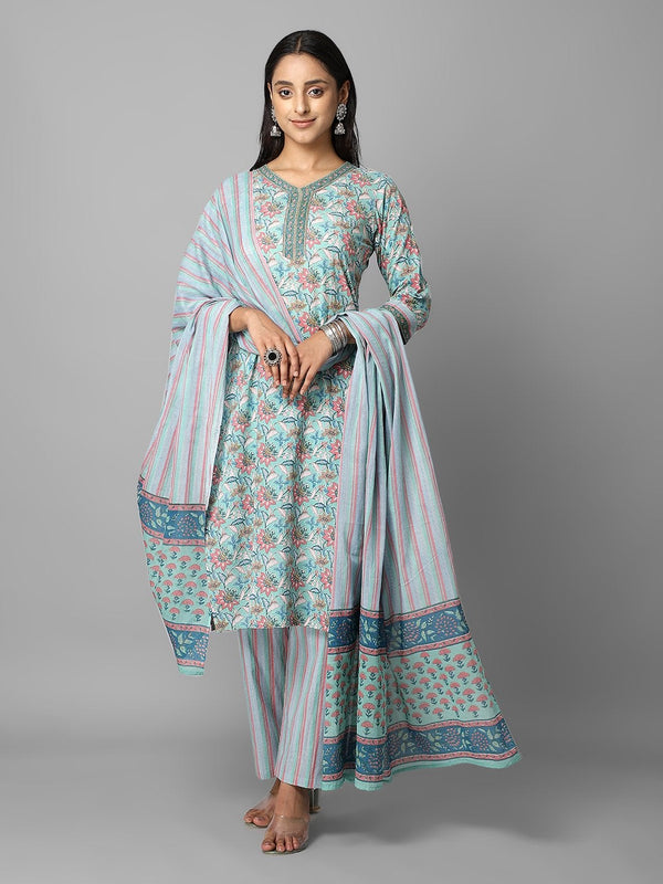 Women's Green And Pink Floral Printed Side Slit Straight Kurta With Palazzo And Duapatta Set - Azira