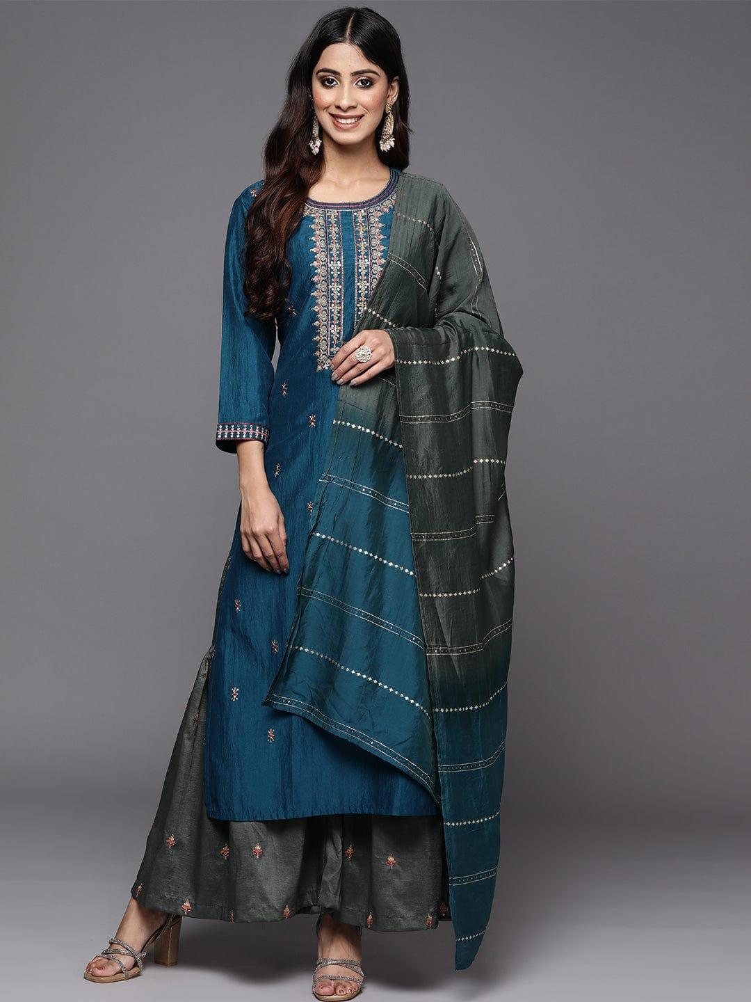 Varanga Women Blue Ethnic Motifs Yoke Design Thread Work Kurta with Sharara & With Dupatta - Indiakreations