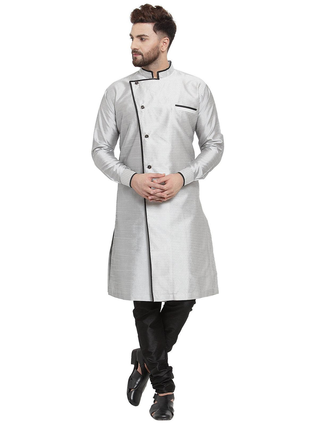 Men's Grey Self Design Kurta With Black Churidaar Pyjama - Benstoke - Indiakreations