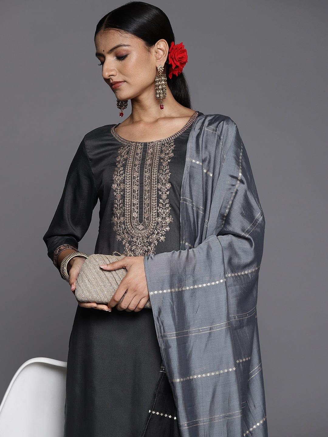 Varanga Women Grey Ethnic Motifs Yoke Design Kurta with Trousers & With Dupatta - Indiakreations