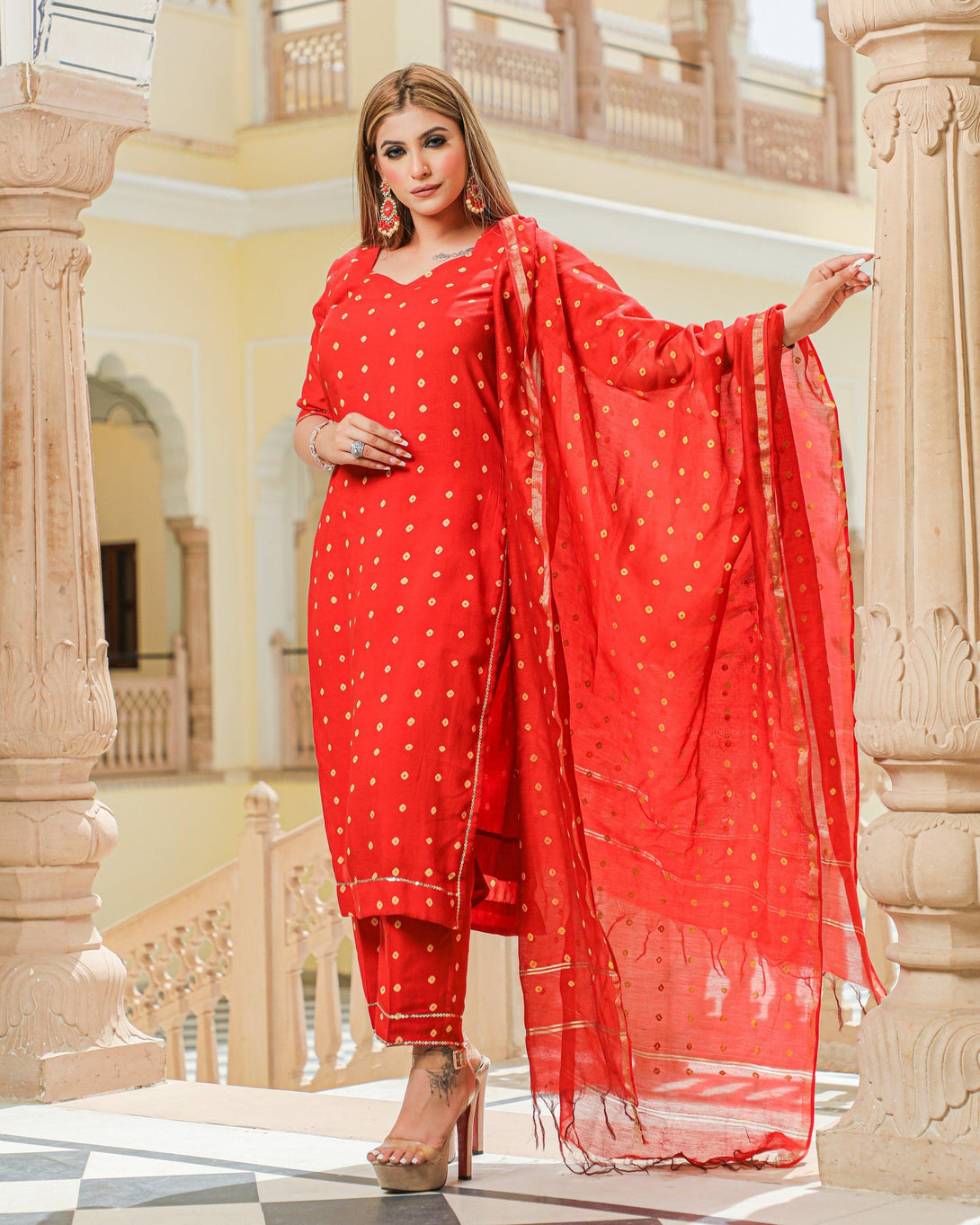 Women's Red Modal Bandhani Suit Set - Baisacrafts - Indiakreations