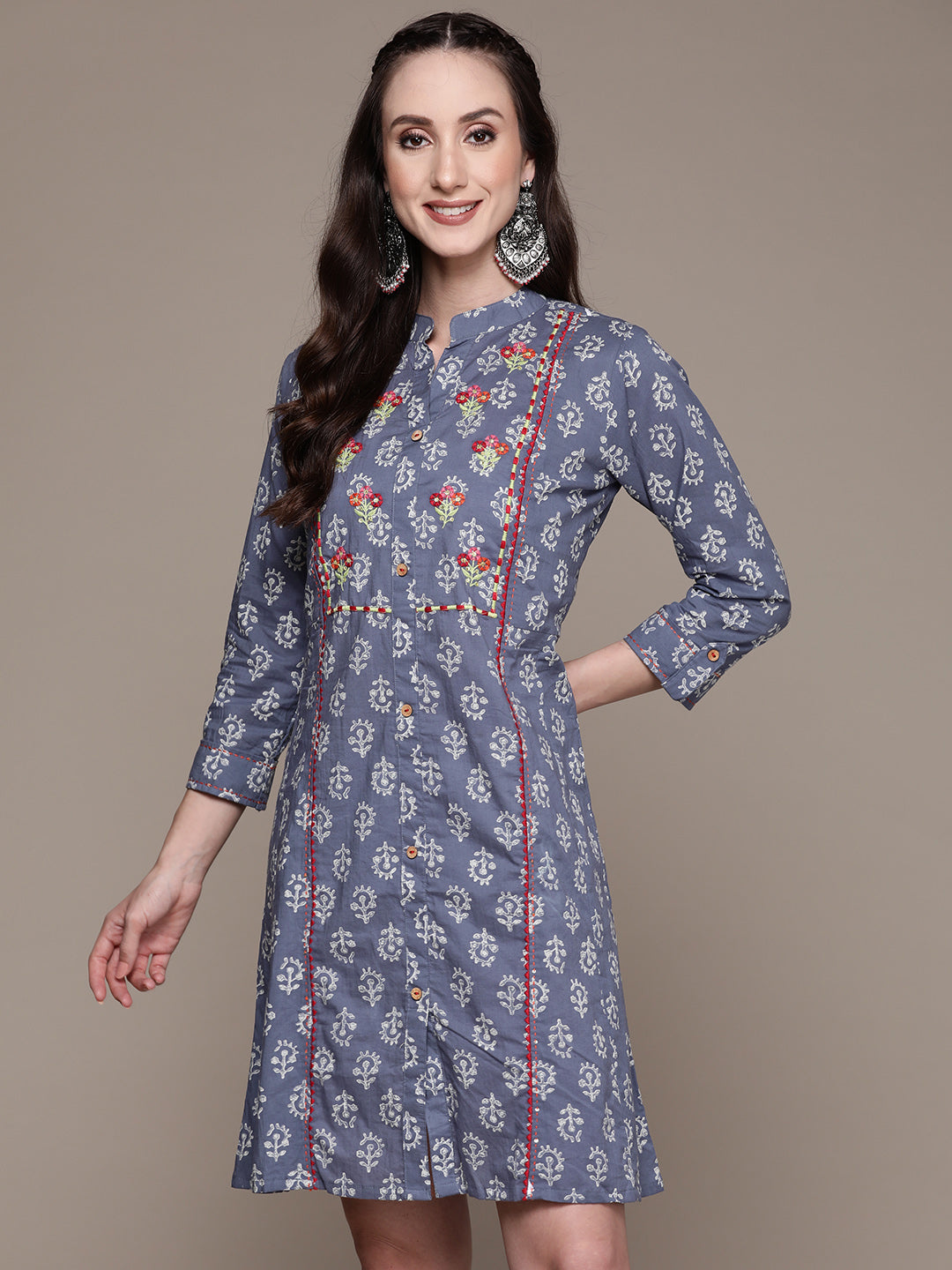 Women's Powder Blue Ethnic Motifs Embroidered A-Line Dress - Anubhutee