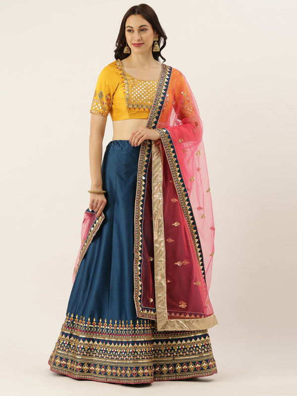 Women's Teal - Satin Silk A-line Fully Stitched Lehenga - Panchhi