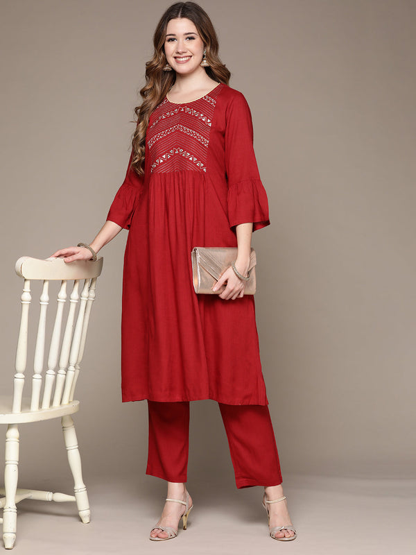 Women's Red Zari Embroidered Flared Kurta set with Trousers - Anubhutee