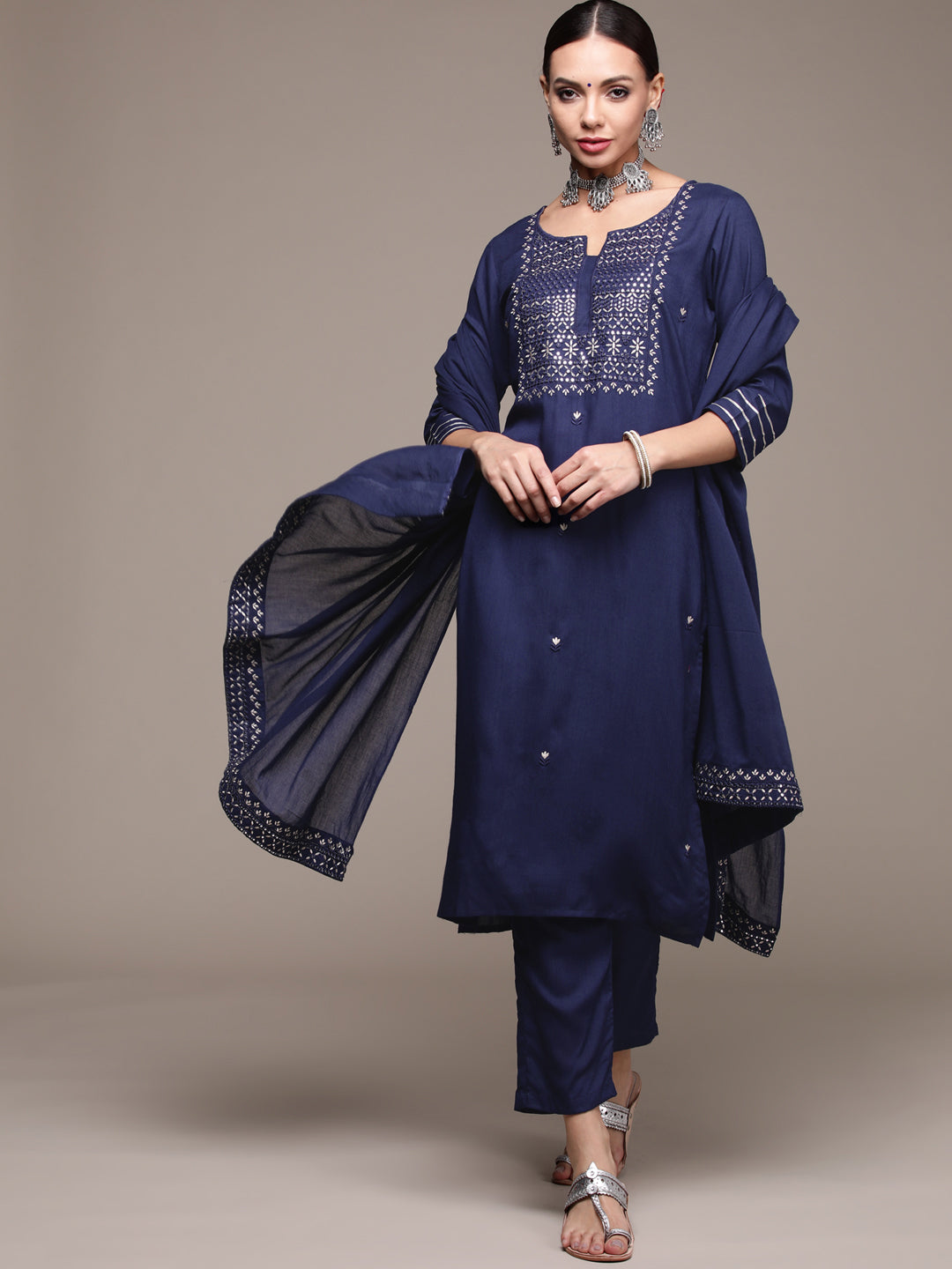 Women's Navy Blue Mirrorwork Embroidered Kurta Set With Trousers And Dupatta - Anubhutee