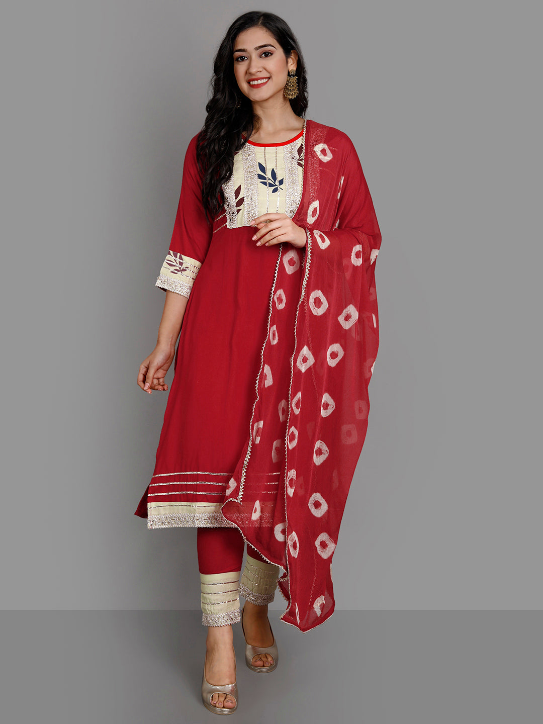 Women's Red Rayon Kurta Pant And Dupatta Set - Noz2Toz