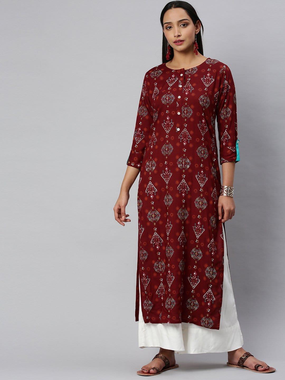 KSUT Maroon Abstract Printed Straight Kurta With 3/4Th Sleeves - Indiakreations