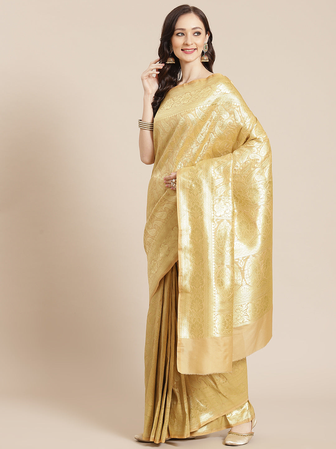 Women's Beige Semi Silk Zari Woven Saree - Varanasi - Indiakreations